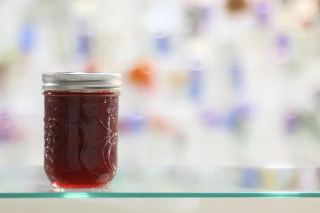 Strawberry jam on display. Serving home ferment dishes to guests without passing on the risk
