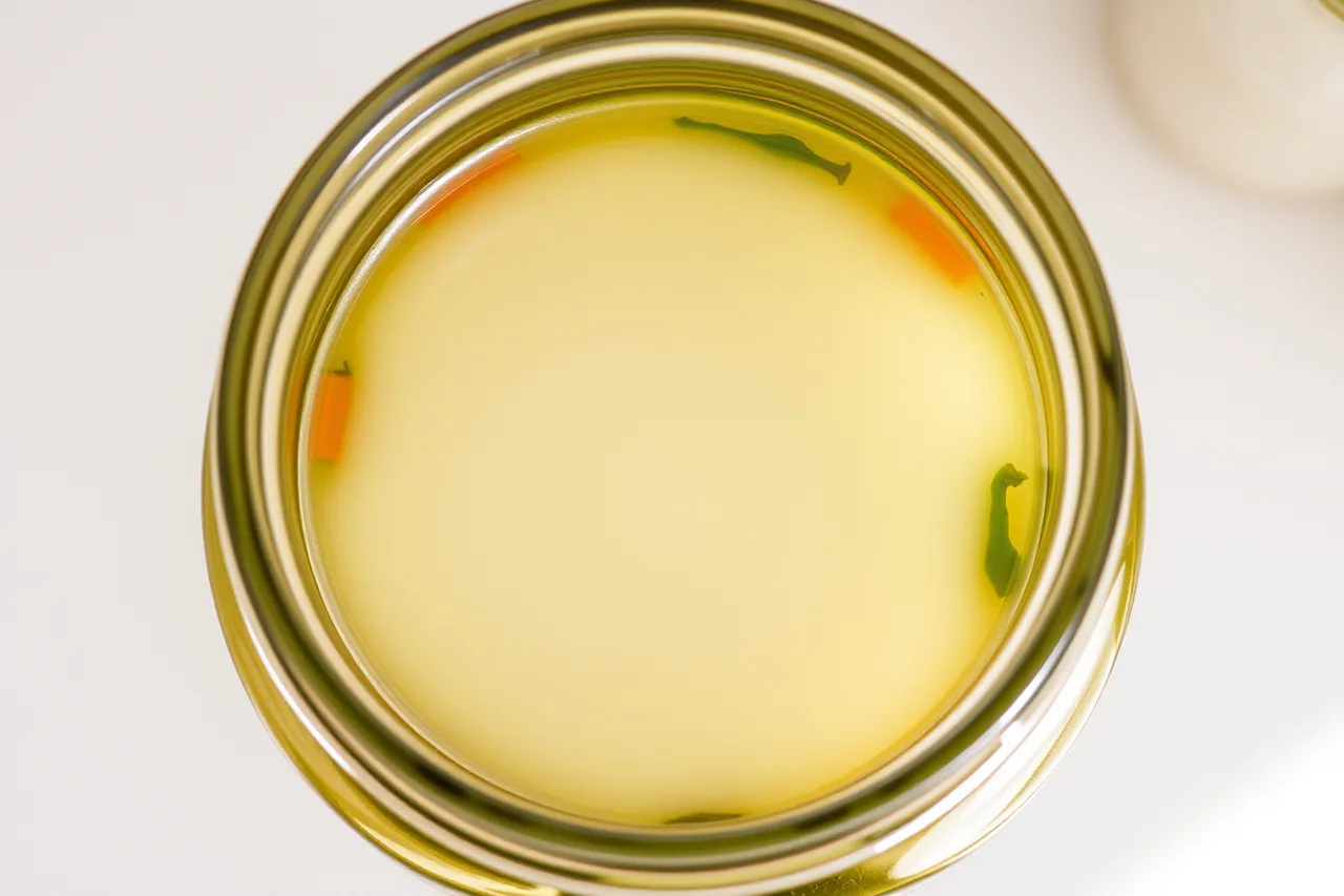 Smooth white yeast film on the brine surface of a glass fermentation jar (Reading a home fermentation by its bubbles, smell, and the moment to stop)