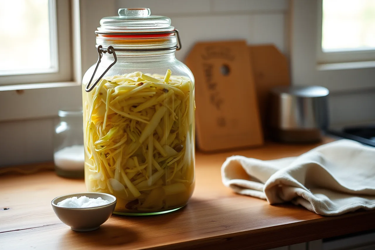 One-litre glass fermentation jar with shredded cabbage, brine, weight and airlock lid (What does a jar of sauerkraut cost to make in Canada?)