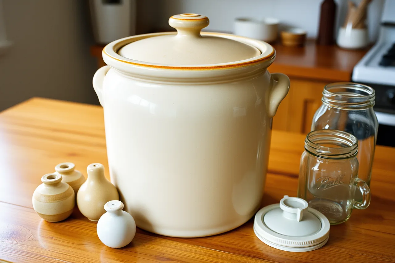Five-litre ceramic water-seal crock with weights, airlock lid and mason jar for scale (What does a jar of sauerkraut cost to make in Canada?)