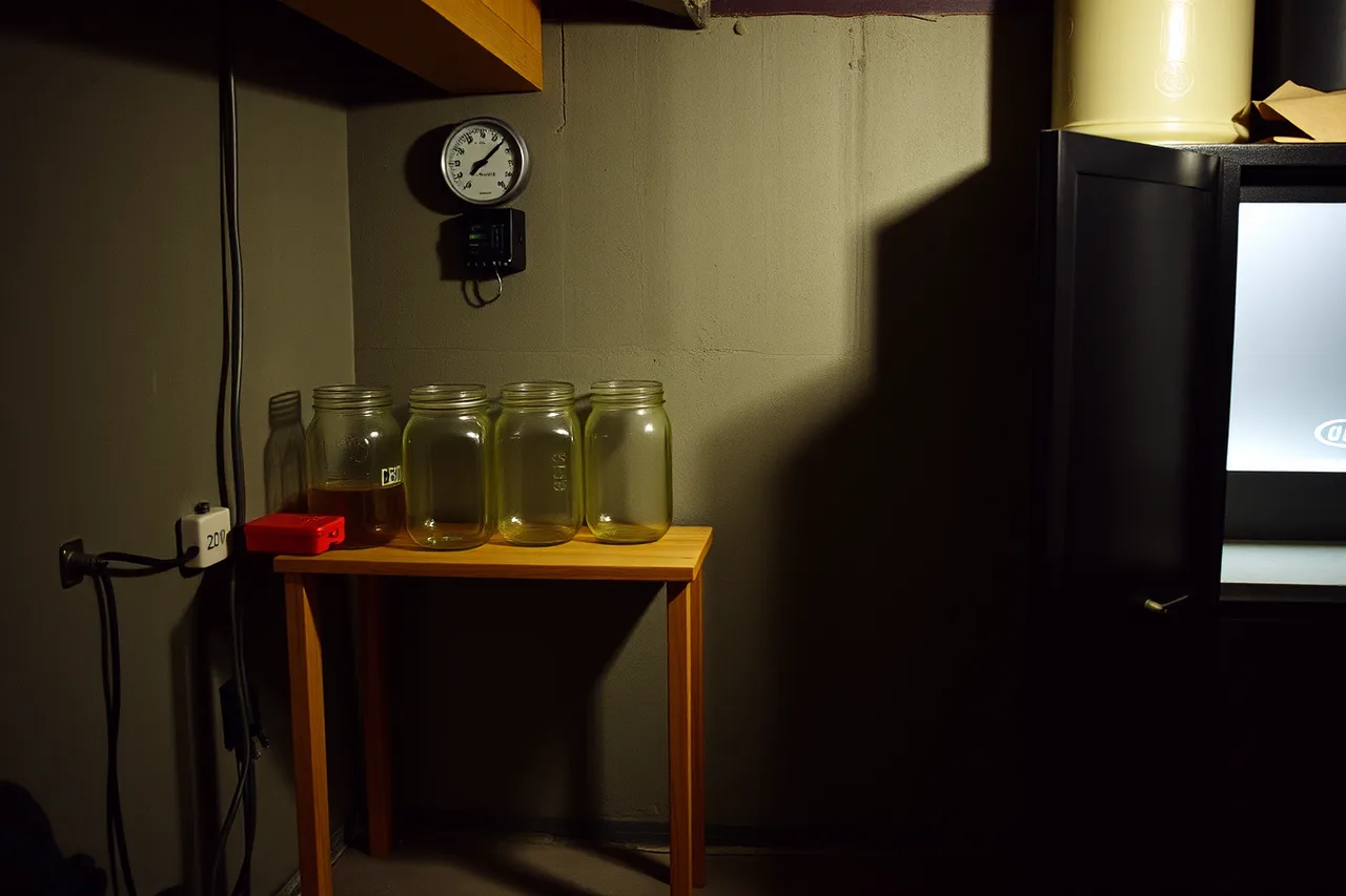 Basement shelf with fermentation jars, thermometer and temperature controller (What does a jar of sauerkraut cost to make in Canada?)