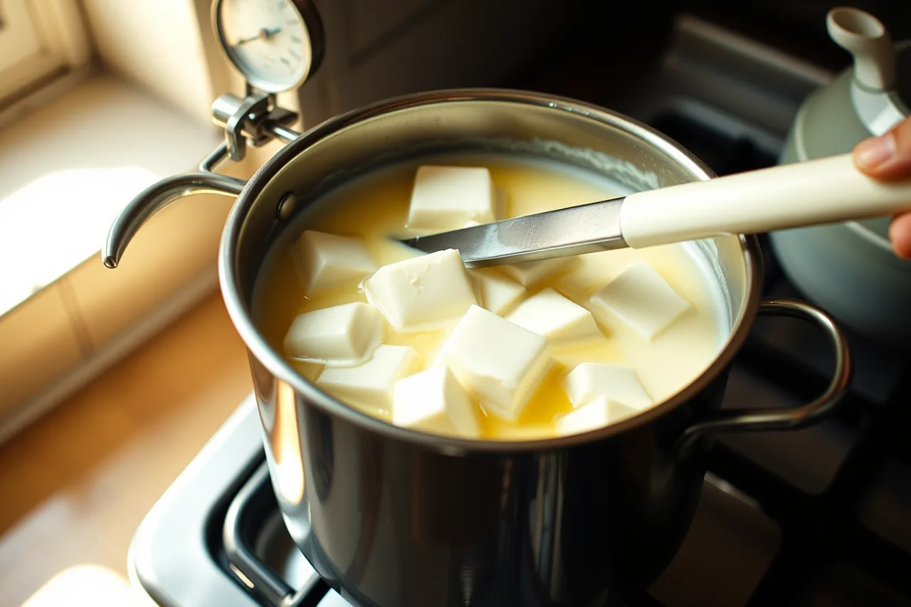 Curds being cut in a pot of separated whey (What actually makes a fermentation brand's product good, minus the origin story)
