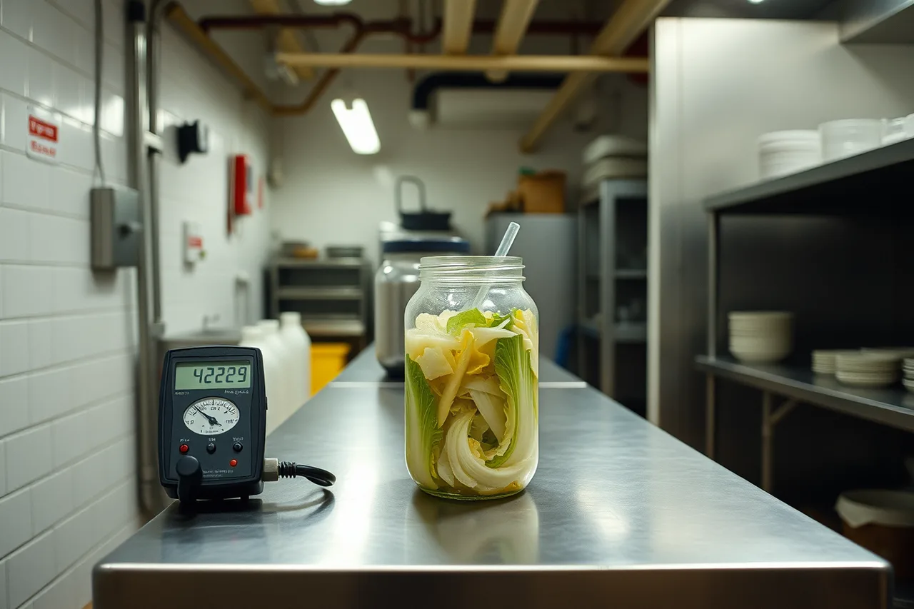 Calibrated pH meter on stainless steel table in licensed commercial kitchen (How to start a fermentation business in British Columbia, step by step)