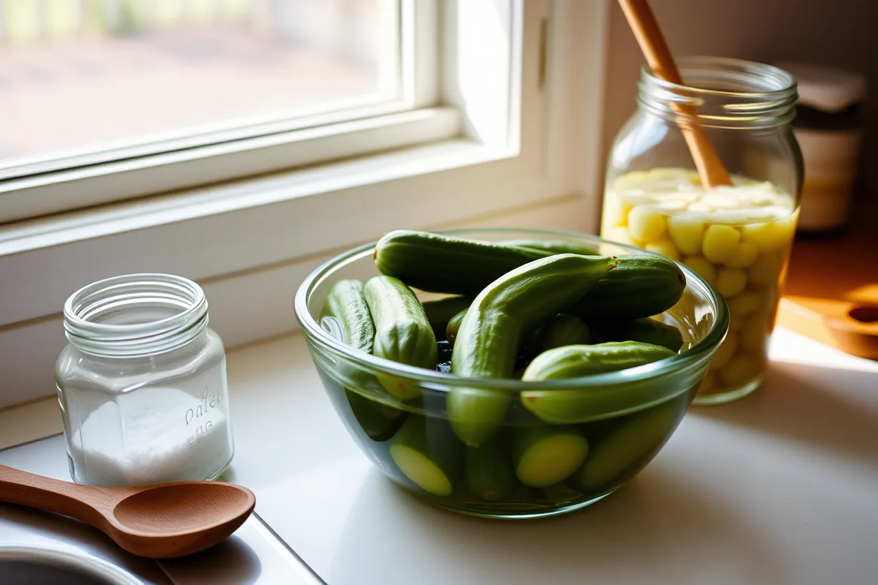 Printed extension pickle fact sheet beside a bowl of brining cucumbers (Fermentation projects for beginners: where to get recipes, and why we name no brands, explained properly)