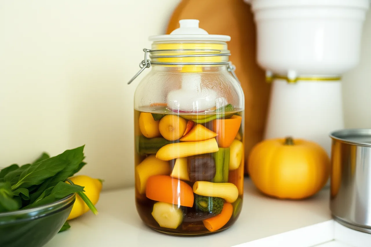 Glass fermentation jar with airlock holding vegetables under brine (Fermentation projects for beginners: where to get recipes, and why we name no brands, explained properly)