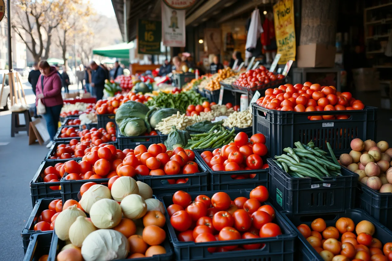 Crates of tomatoes, cabbage, beans and apples at a Montreal market (5 things Montreal fermenters learn from Quebec's preserving tradition)