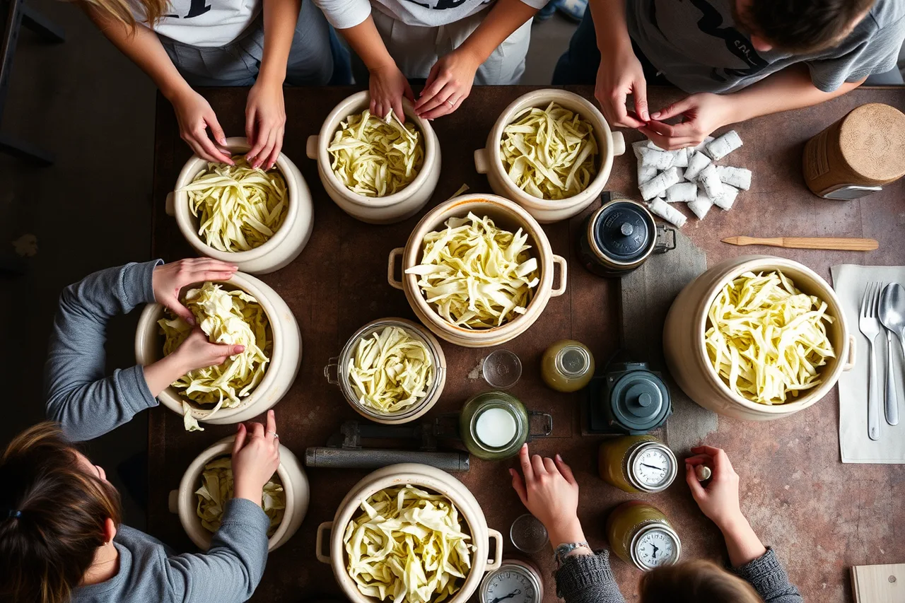 Hands packing salted cabbage into a crock at a fermentation workshop (5 things Montreal fermenters learn from Quebec's preserving tradition)
