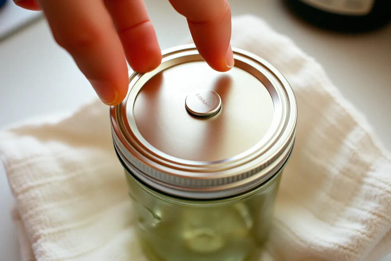 Fingers pressing the center of a jar lid to test the seal (How to clean and store fermentation tools properly between batches)