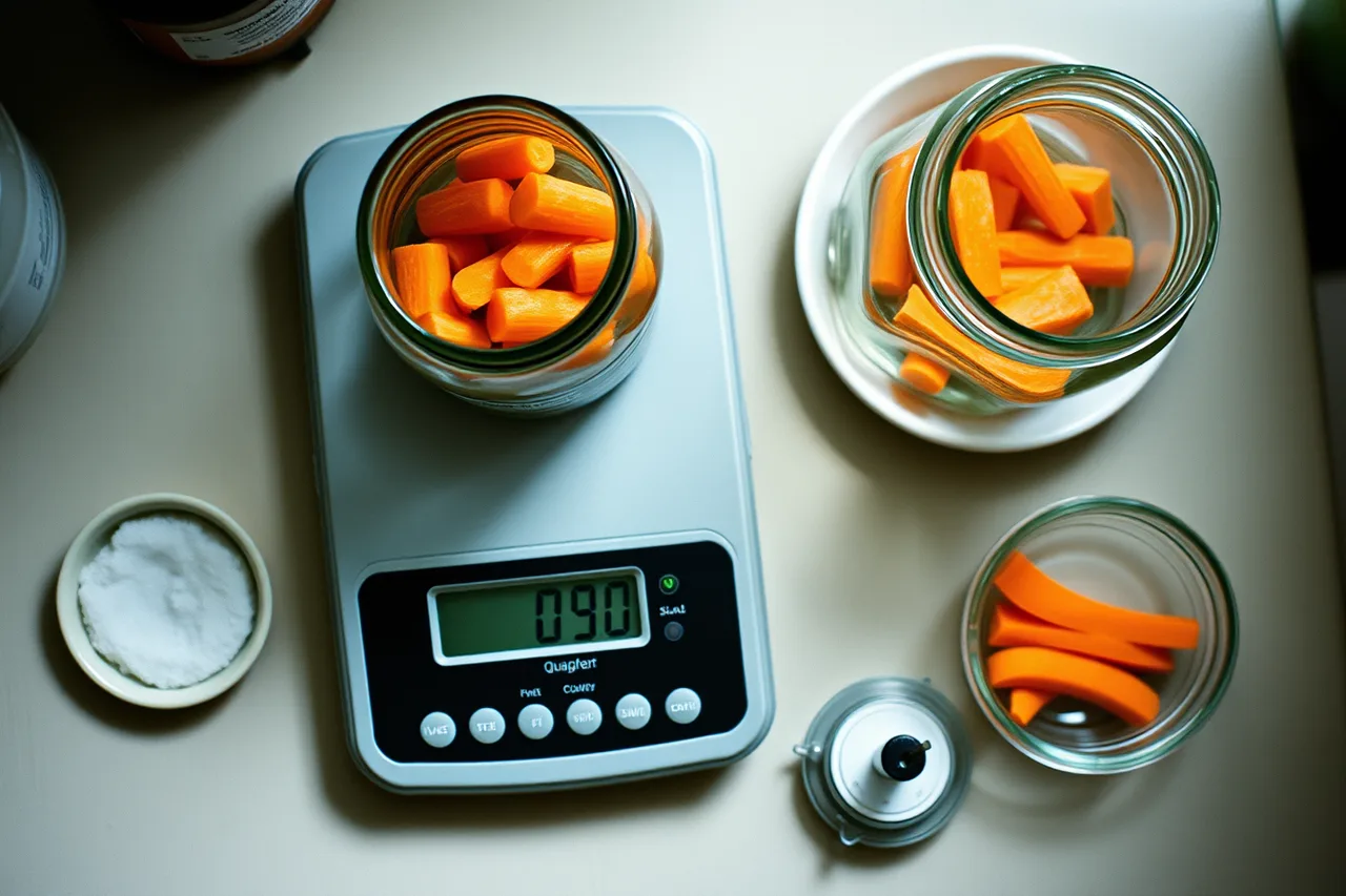 Digital scale, glass jar, carrot sticks, salt, and glass weight on a counter (Fermented carrot sticks that stay crunchy: a ratio guide)