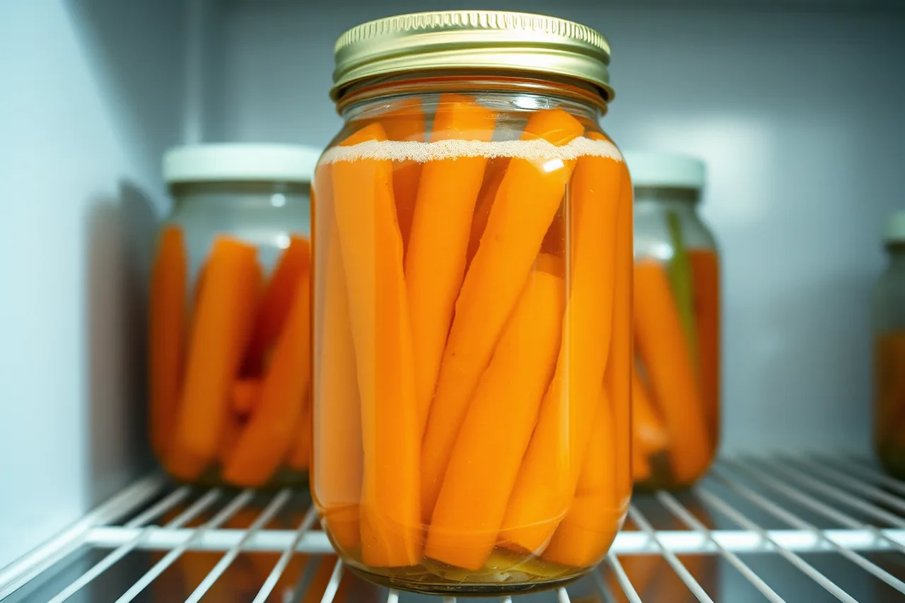 Fermentation jar in a fridge with white film on the brine surface (Fermented carrot sticks that stay crunchy: a ratio guide)