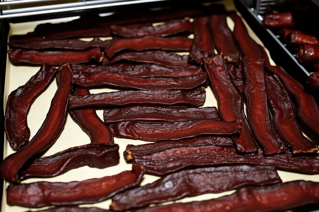 Homemade jerky strips on a dehydrator tray, dried at low temperature (Serving home ferment dishes to guests without passing on the risk)