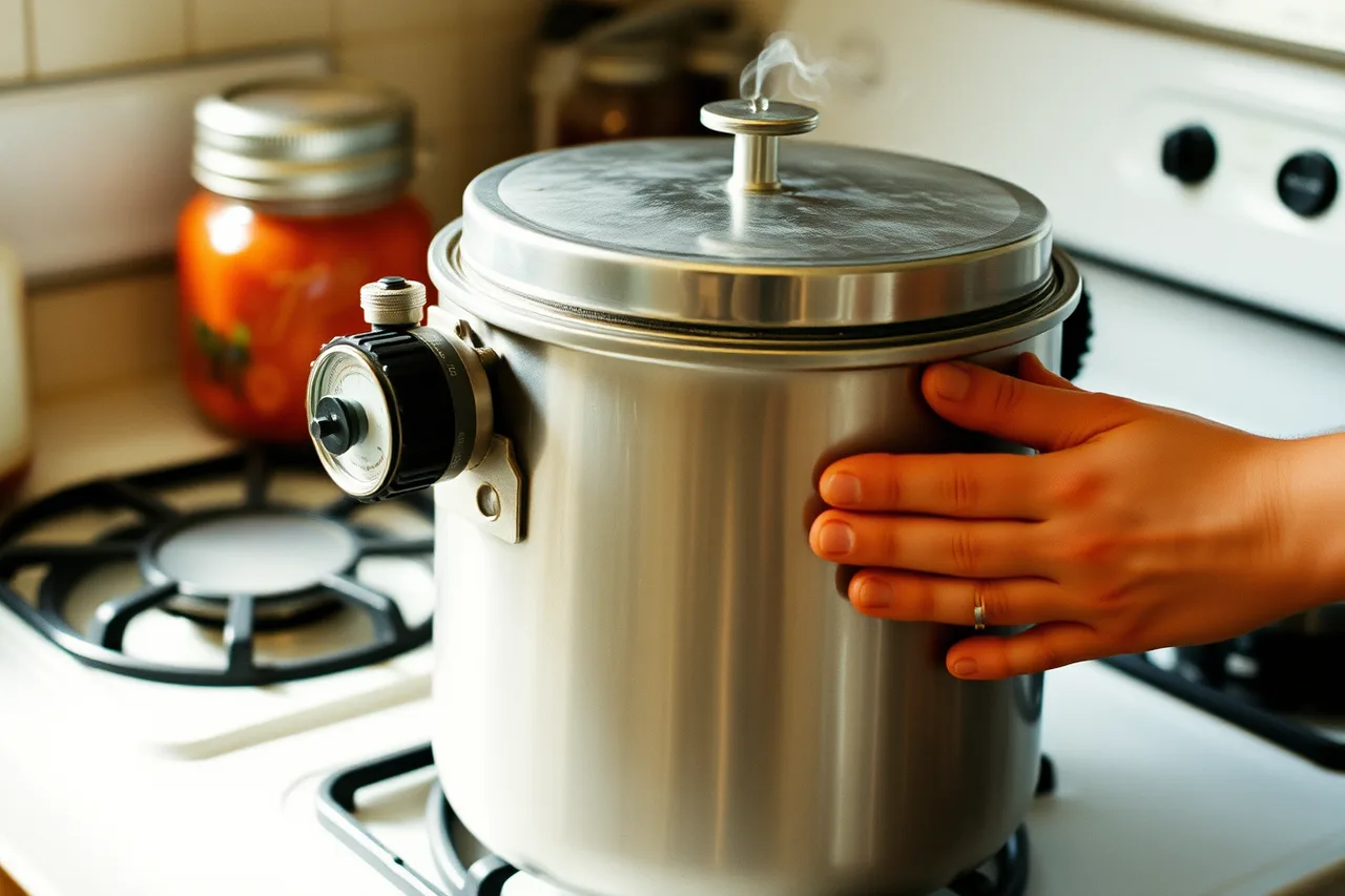 Pressure canner on a stovetop with weighted gauge venting steam (Home ferment case reports: what meat and fish rules mean for your kitchen)