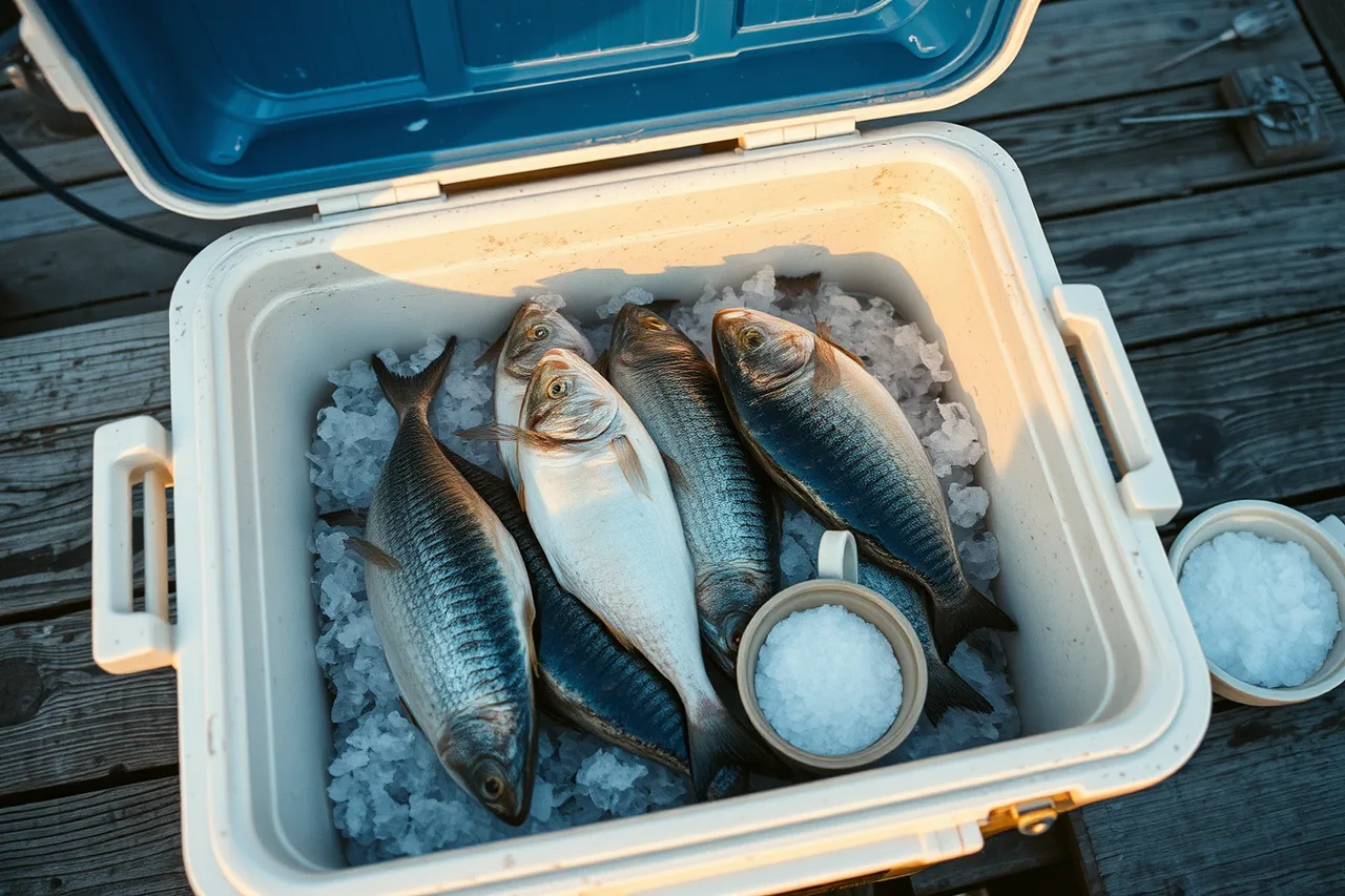 Fresh fish on crushed ice in a cooler with saltwater dip nearby (Home ferment case reports: what meat and fish rules mean for your kitchen)