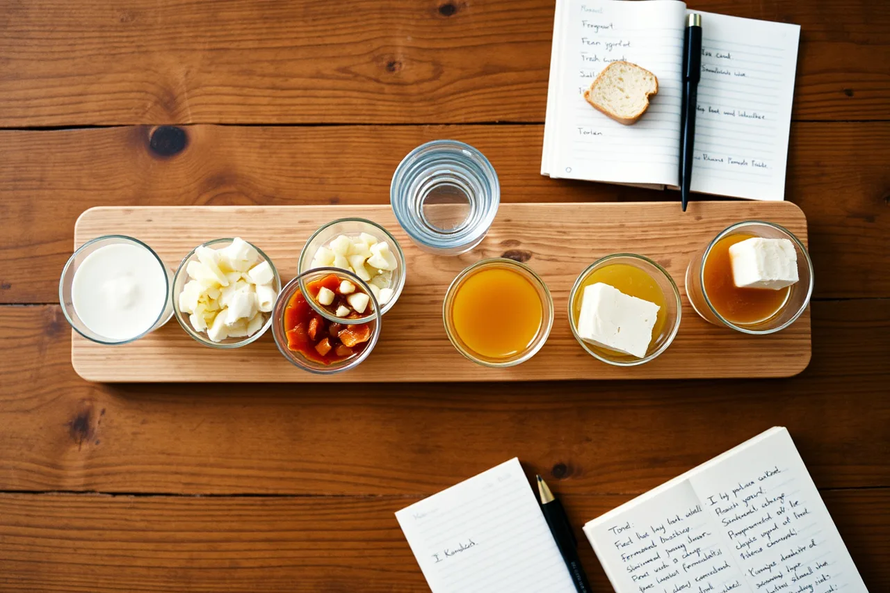 Six small cups of fermented foods in a row with water, bread, and a notebook (Building a fermentation tasting flight across brands, from yogurt to tofu)