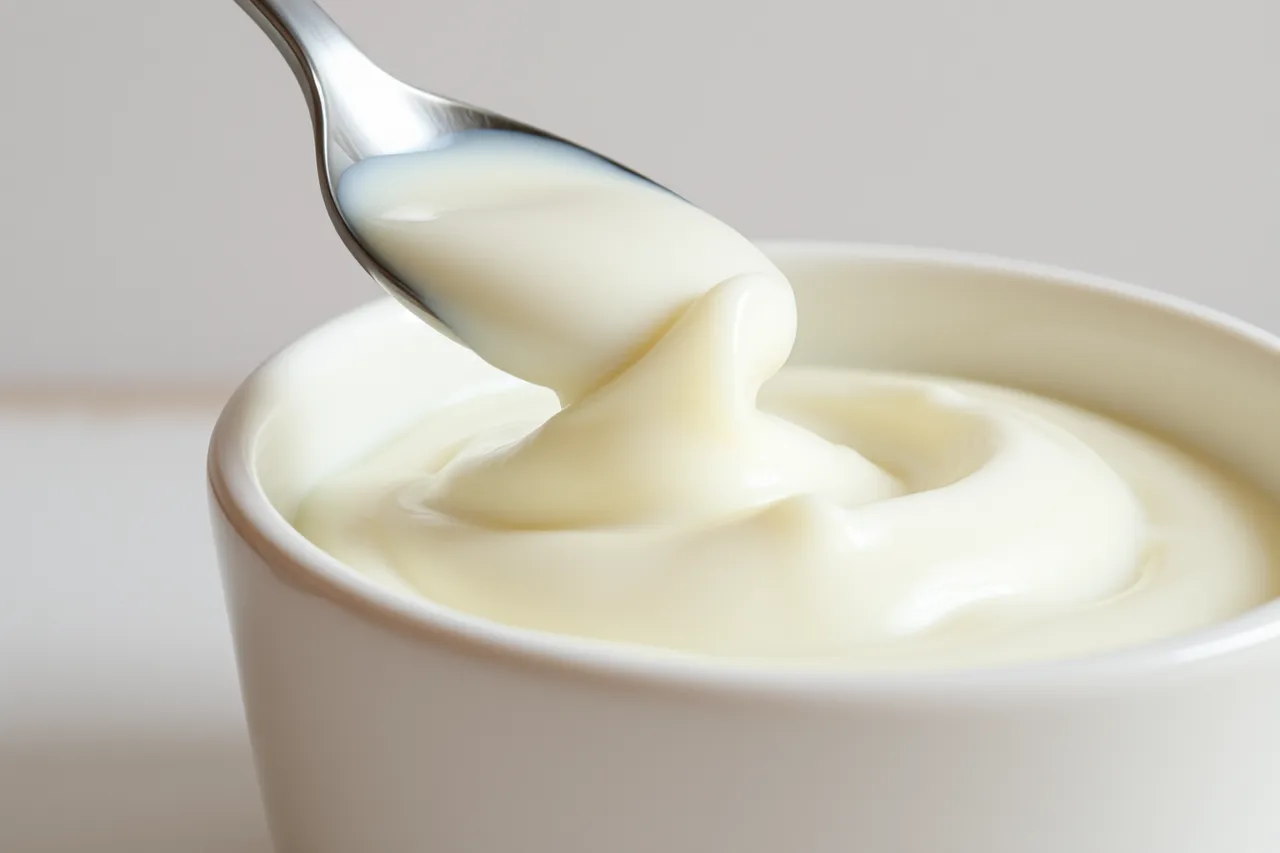 Thick homemade yogurt in a bowl with a spoon lifting a soft peak (Building a fermentation tasting flight across brands, from yogurt to tofu)