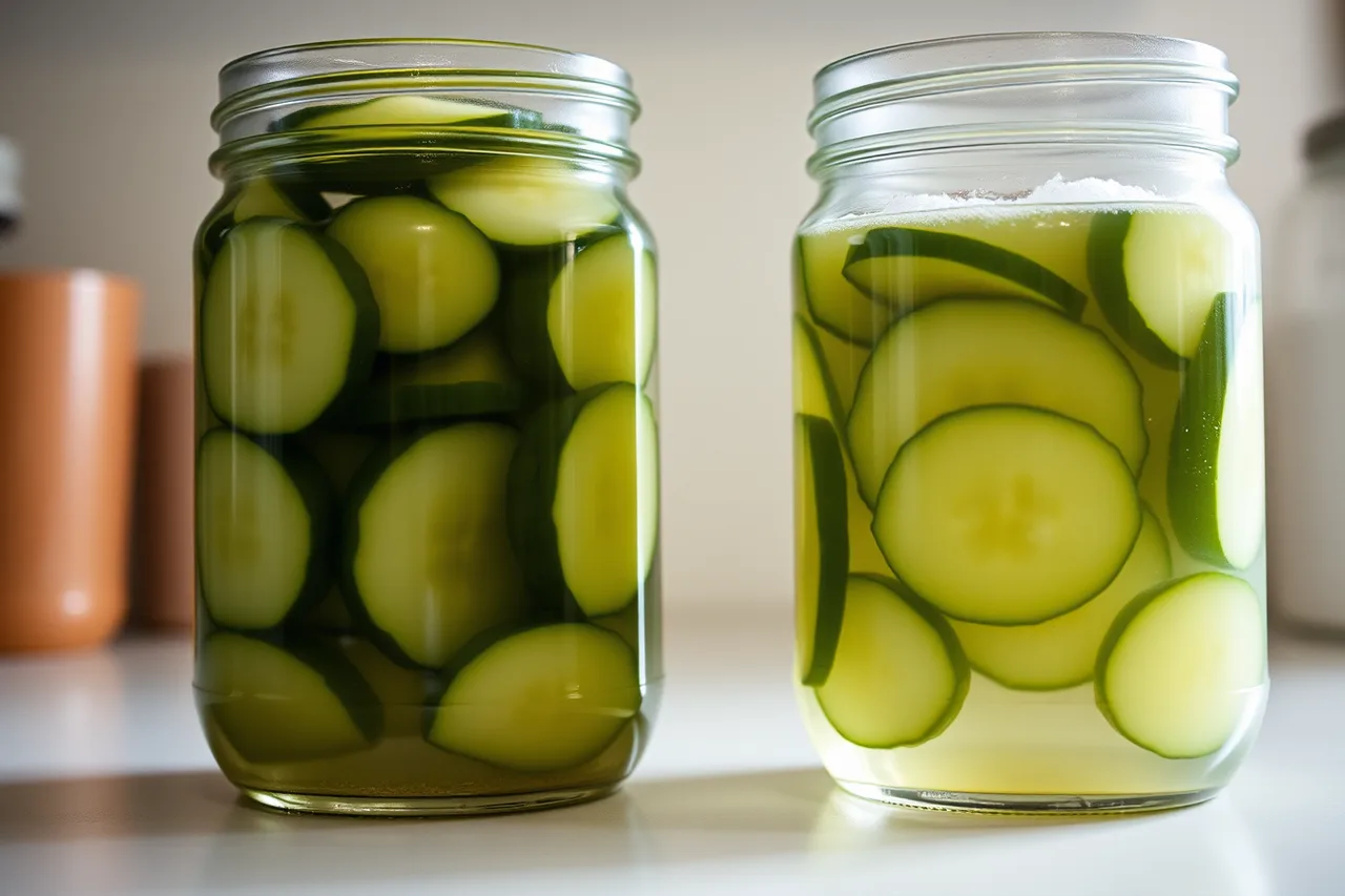 Two pickle jars showing cloudy table-salt brine versus clear canning-salt brine (5 things worth knowing about fermentation tools tasting)