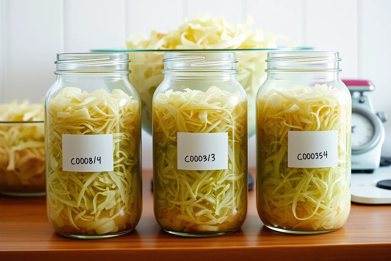 Three identical jars of salted cabbage filled from one batch (Comparing small batch fermentation without changing two things at once)