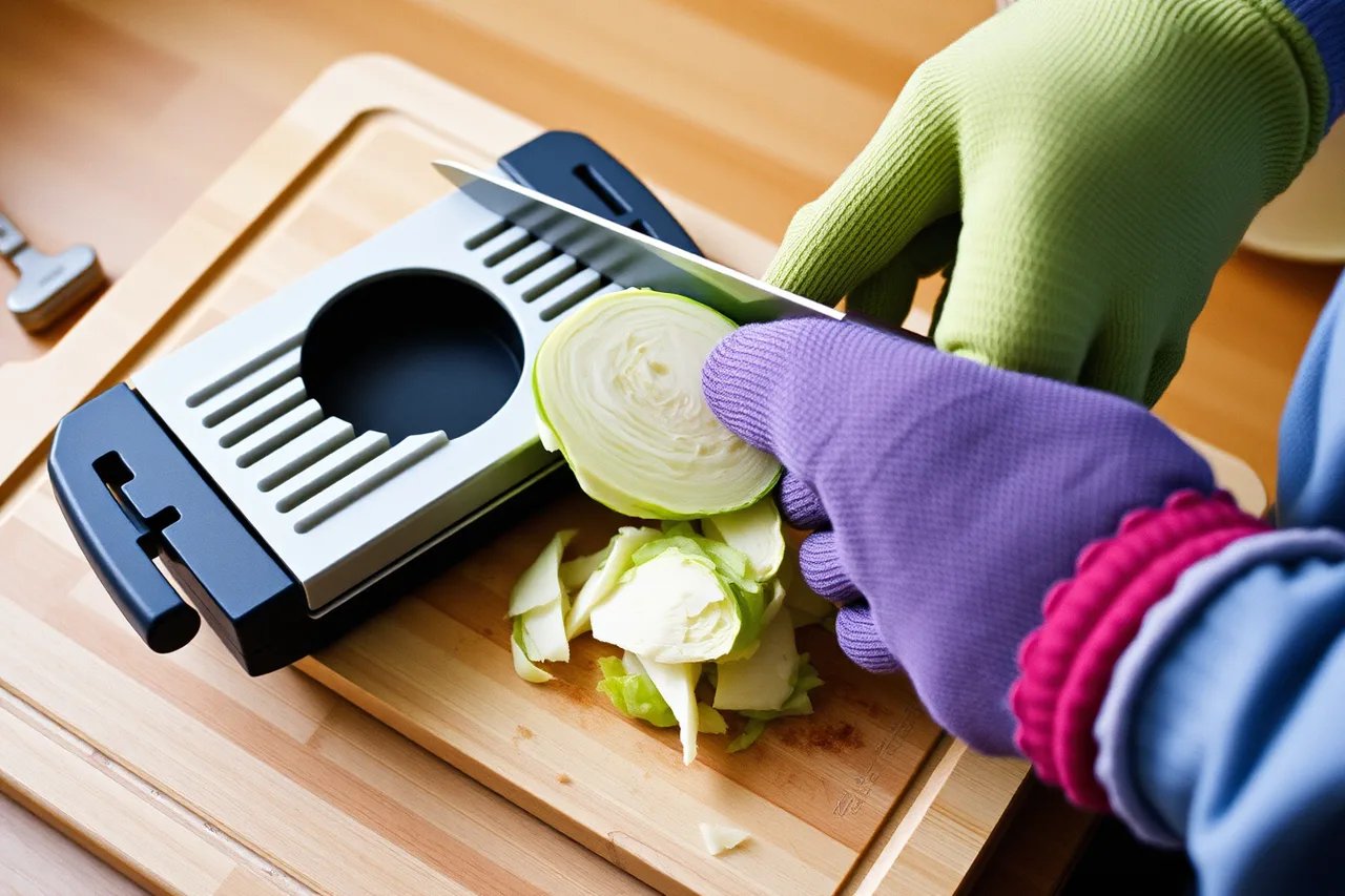 Hand in cut-resistant glove slicing cabbage on a mandolin (Comparing small batch fermentation without changing two things at once)