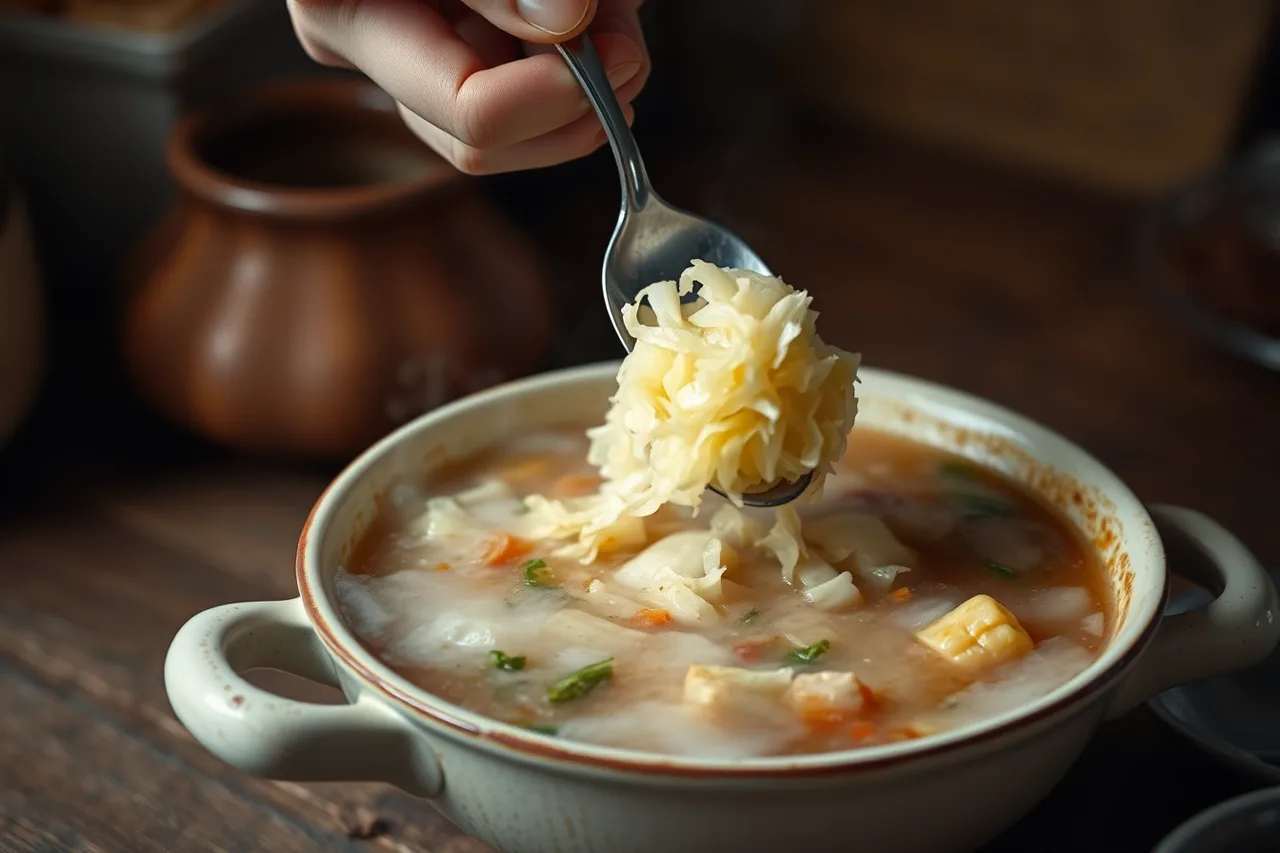 Spoon adding raw sauerkraut to a steaming bowl of stew (4 takeaways on home fermentation pairings)