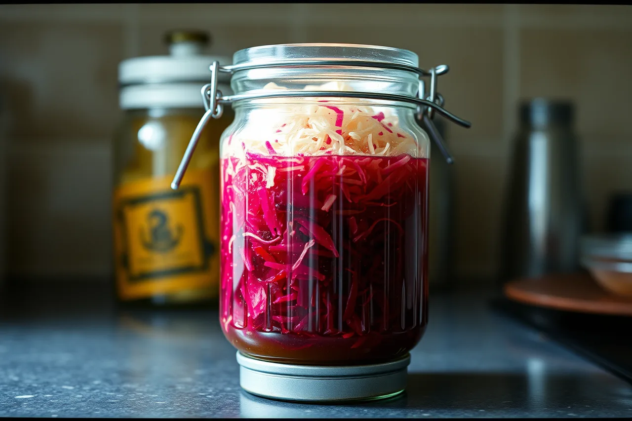 Jar of grated beet and horseradish fermenting with brine and weight (Fermenting with Canadian seasons, a month-by-month guide)