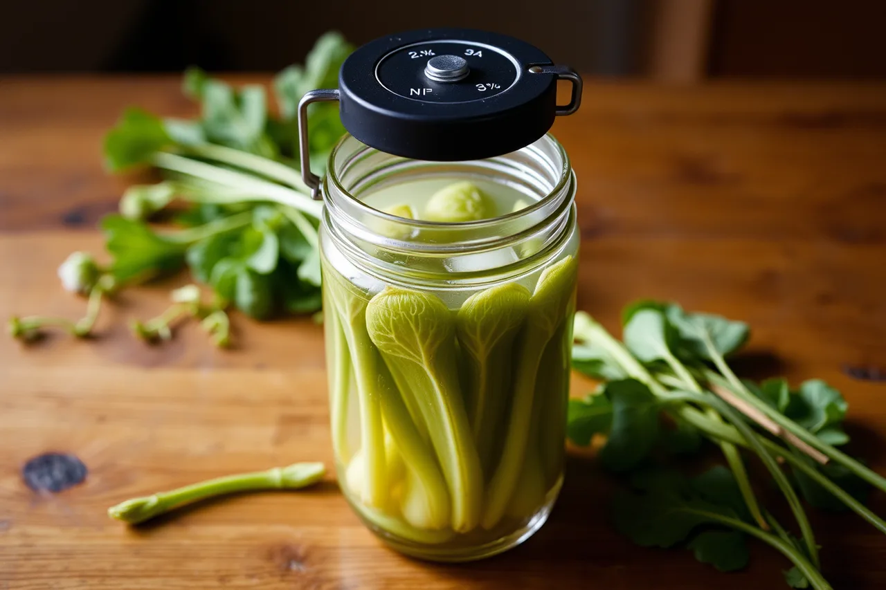 Jar of blanched fiddleheads fermenting in brine with weight (Fermenting with Canadian seasons, a month-by-month guide)