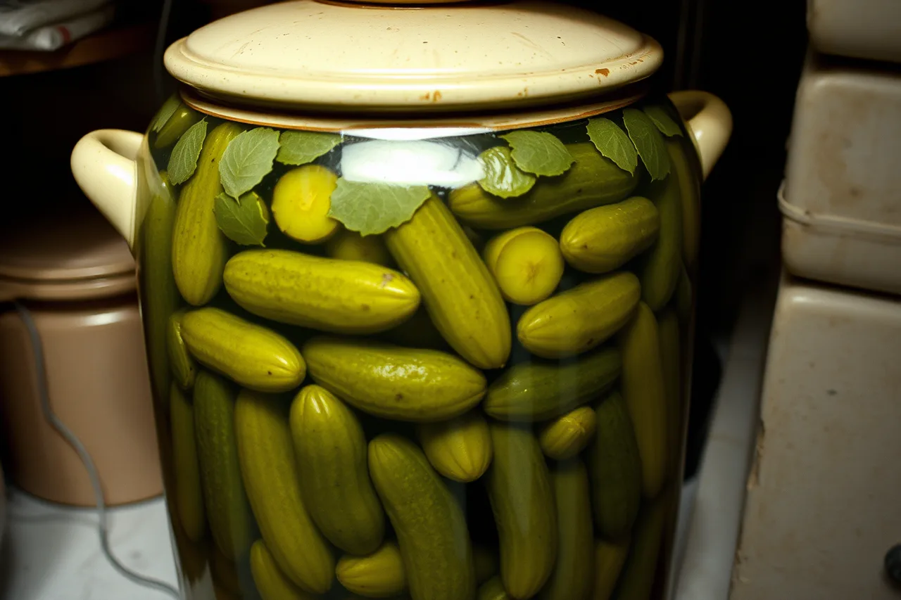Crock of cucumber pickles fermenting with grape leaves and brine (Fermenting with Canadian seasons, a month-by-month guide)