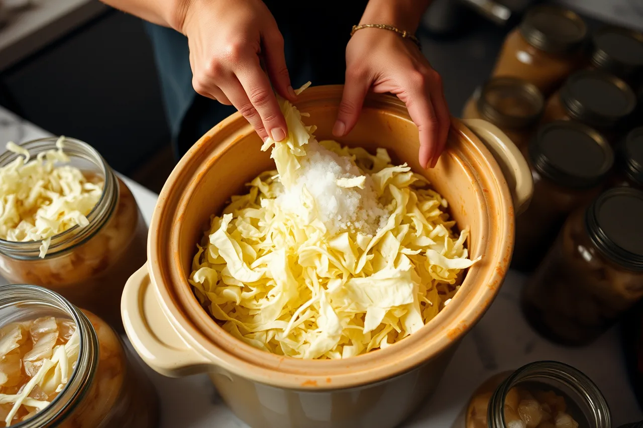 Hands mixing shredded cabbage and salt in a large crock (Fermenting with Canadian seasons, a month-by-month guide)