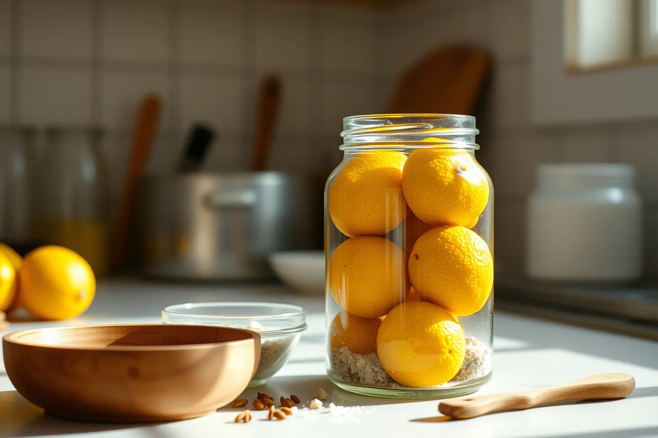 Jar of preserved lemons with salt and spices, gift tag attached (Fermenting with Canadian seasons, a month-by-month guide)
