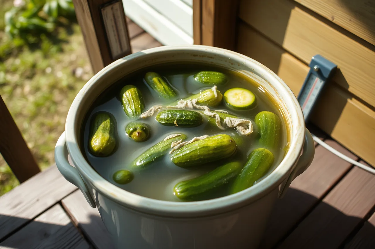 Fermentation crock of cucumbers on a hot porch with thick brine (Slimy fermented vegetables: causes and fixes)