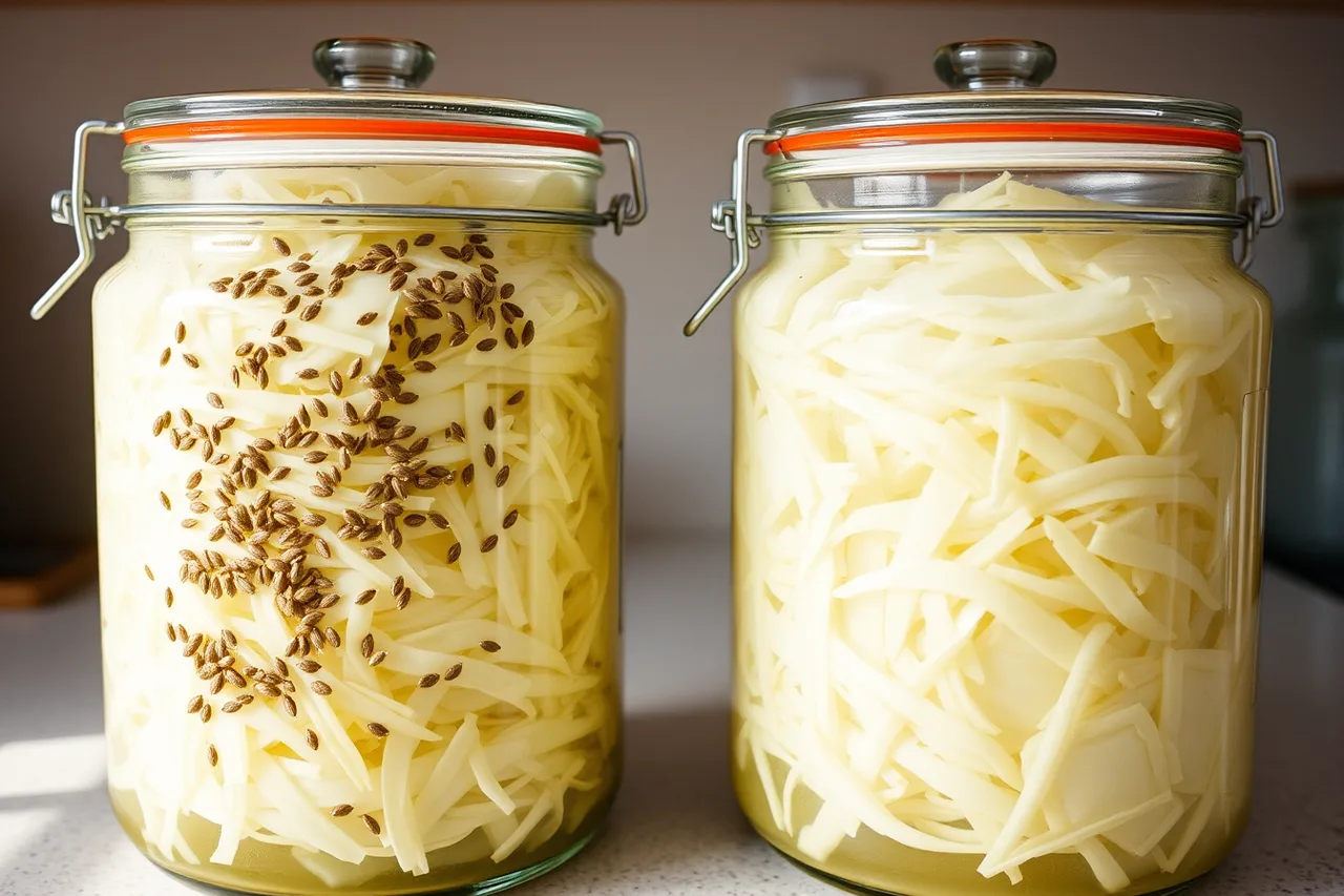 Two quart jars of sauerkraut, one with caraway seeds, one plain (Small batch fermentation ideas worth trying, and the acid rule behind them)