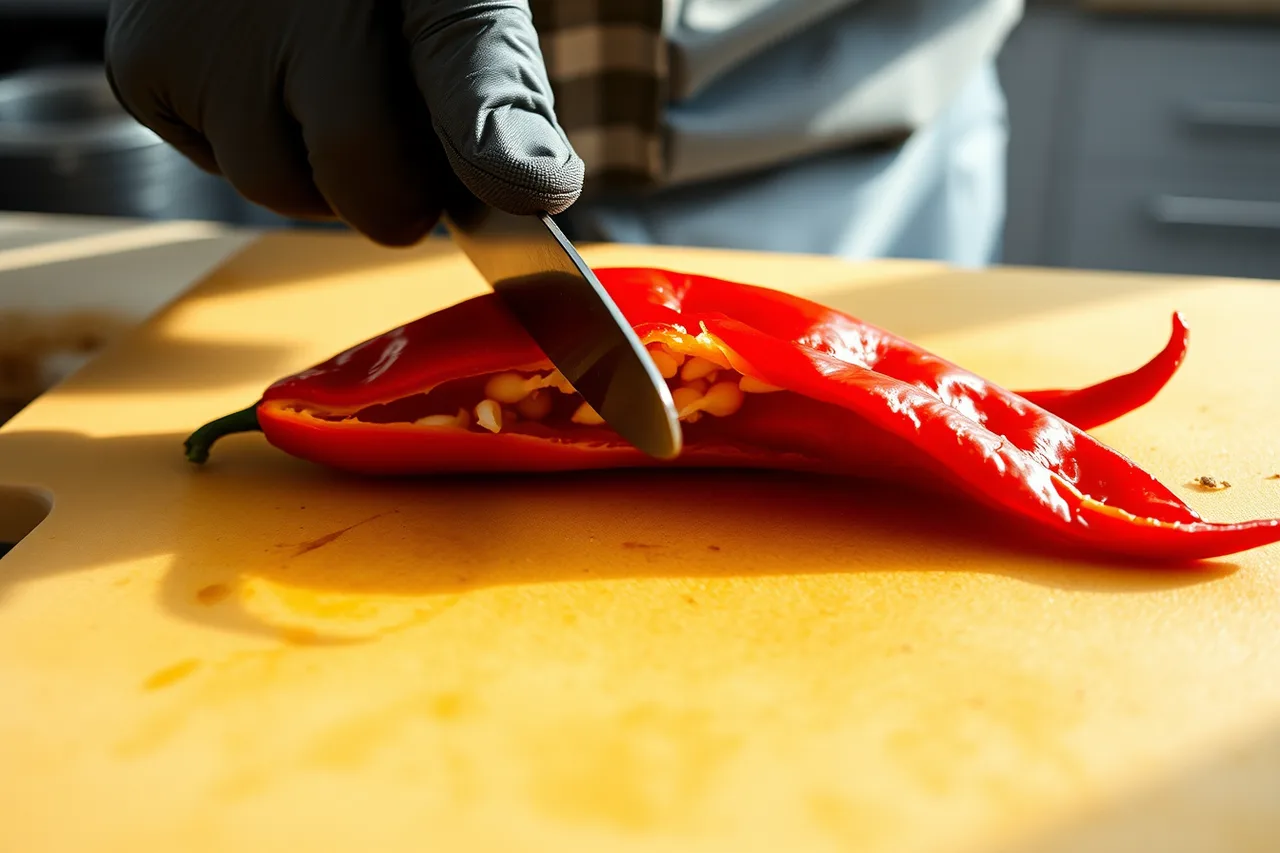 Gloved hands cutting a hot pepper open to reveal membranes and seeds (Small batch fermentation ideas worth trying, and the acid rule behind them)