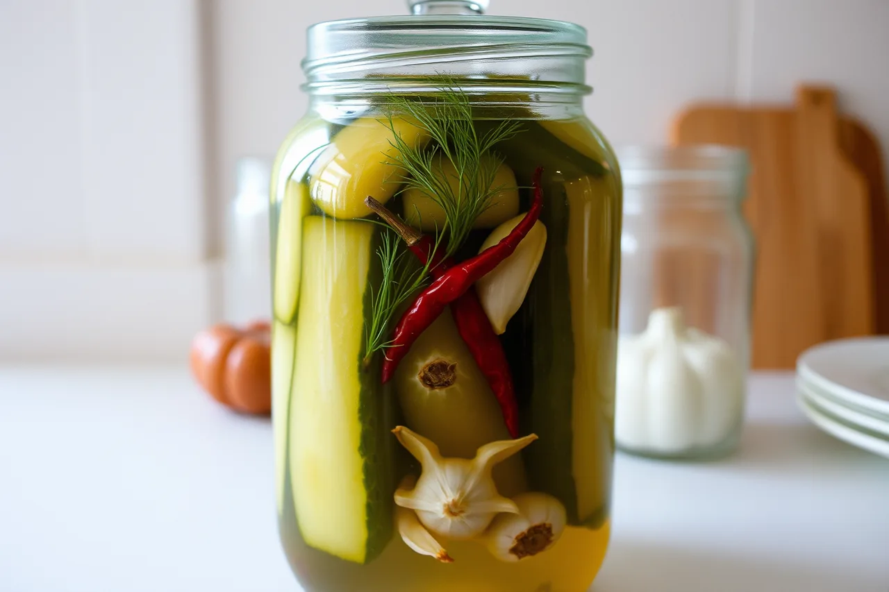 Glass jar of fermenting dill pickles with dill, garlic, and red peppers (Vegetable ferment ideas that stay inside tested directions in 2027)