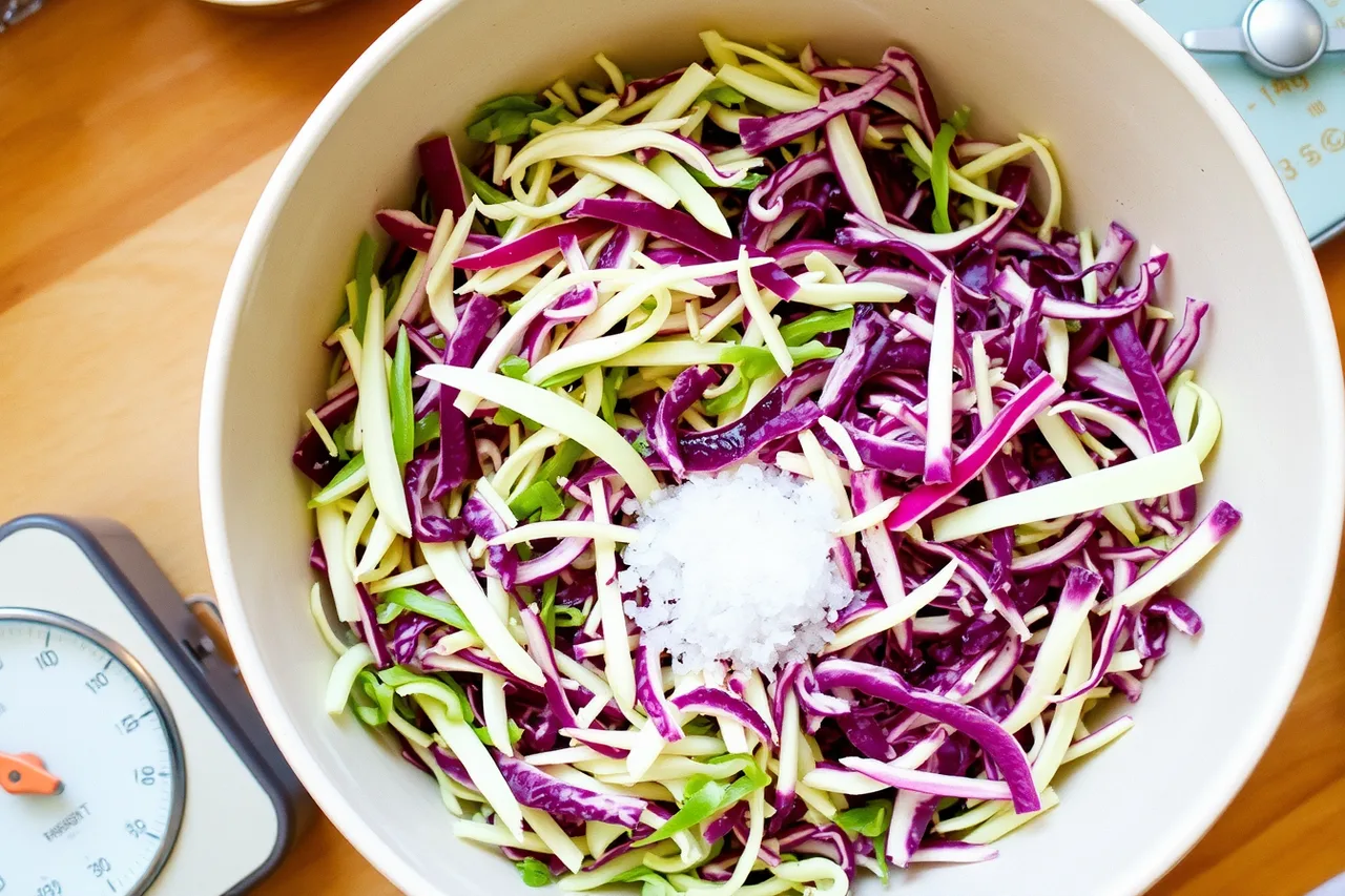 Bowl of shredded green and red cabbage mixed with salt (Vegetable ferment ideas that stay inside tested directions in 2027)
