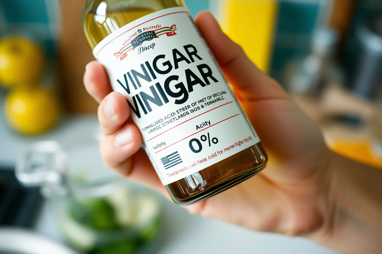 Hand holding vinegar bottle with acidity percentage visible on label (Four labels decide whether a fermentation batch actually works)