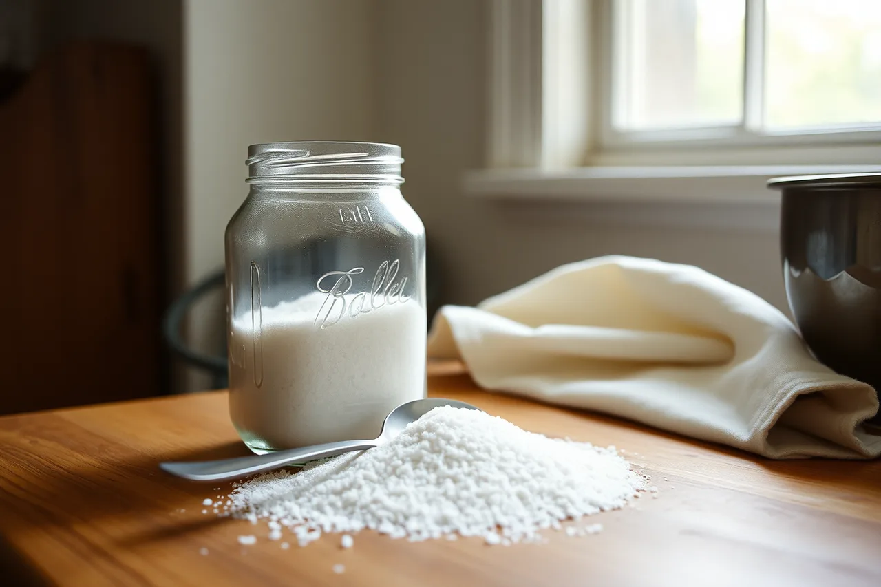 Canning salt box with short ingredient list beside a spoon of granules (Four labels decide whether a fermentation batch actually works)