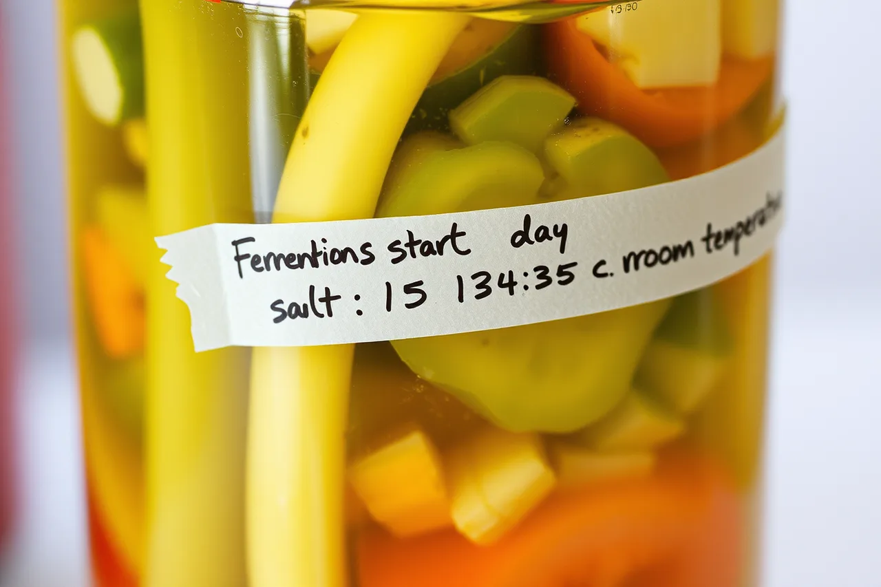 Masking tape label on a glass fermentation jar with handwritten batch details (What to write on the jar, and what a label cannot tell you: what actually matters)